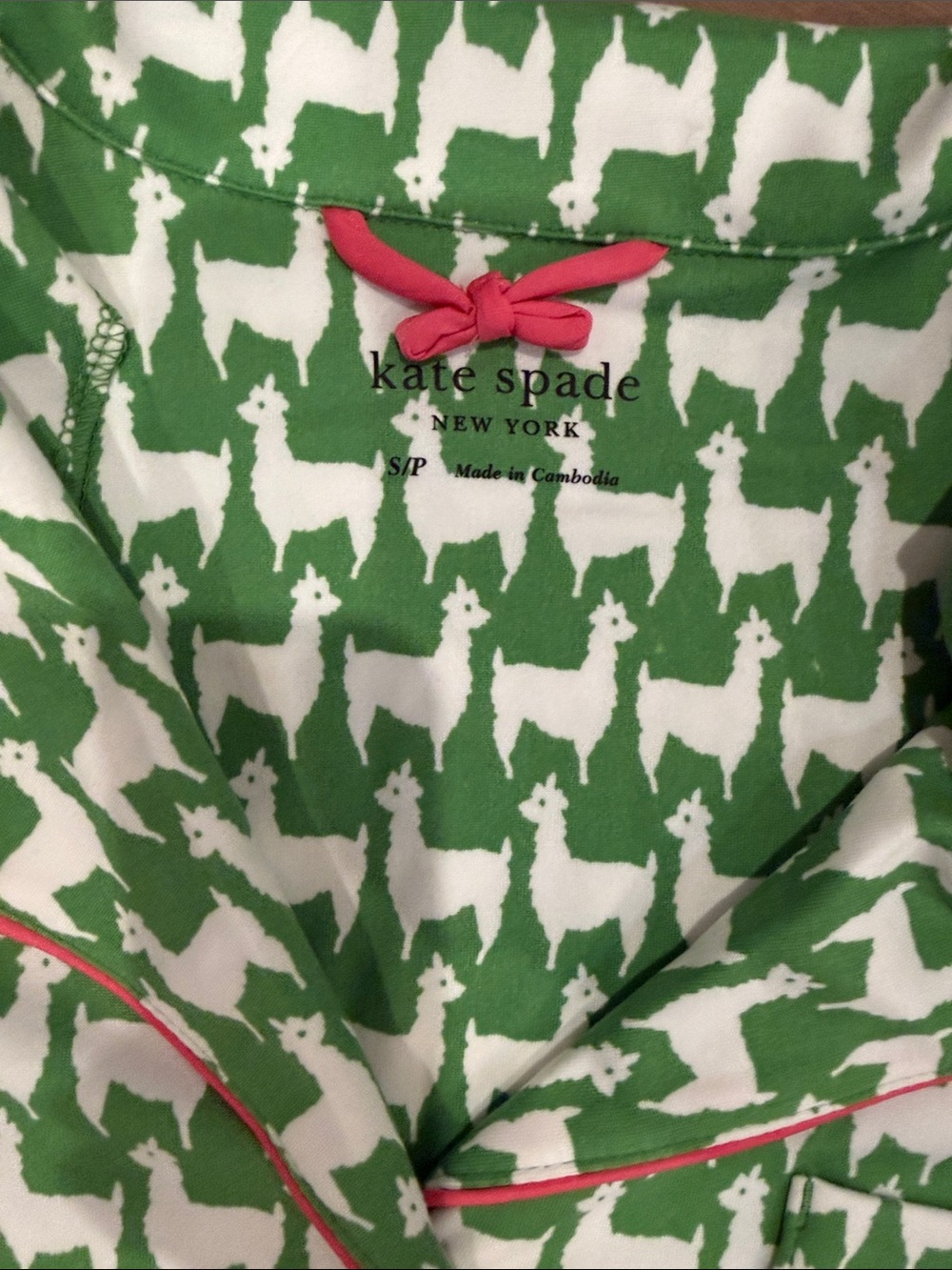 kate spade Green and White Houndstooth Pajama Set with Pink Trim Long Pants - Picture 4 of 8